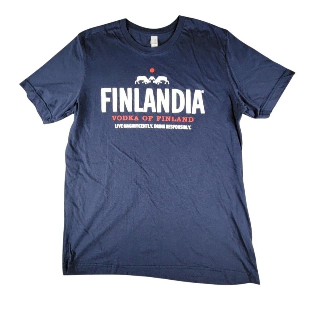 Canvas Finlandia Vodka Shirt Mens Large Blue Graphic Tee Alcohol Promo Logo
